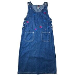 Vintage 90s J.L. NY Sport Embroidered Denim Sleeveless Maxi Jumper Dress  Size L